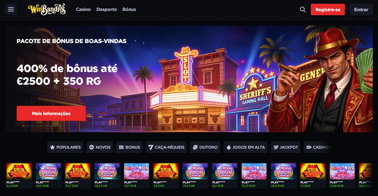 Página principal do casino WinBandits em Portugal
